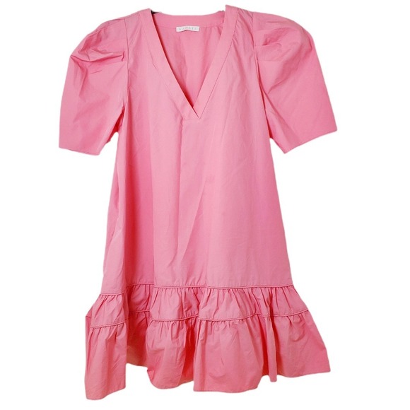 KARLIE Pink Puff Sleeve Ruffle Tiered V Neck Cotton Poplin Mini Dress Medium - Picture 2 of 13